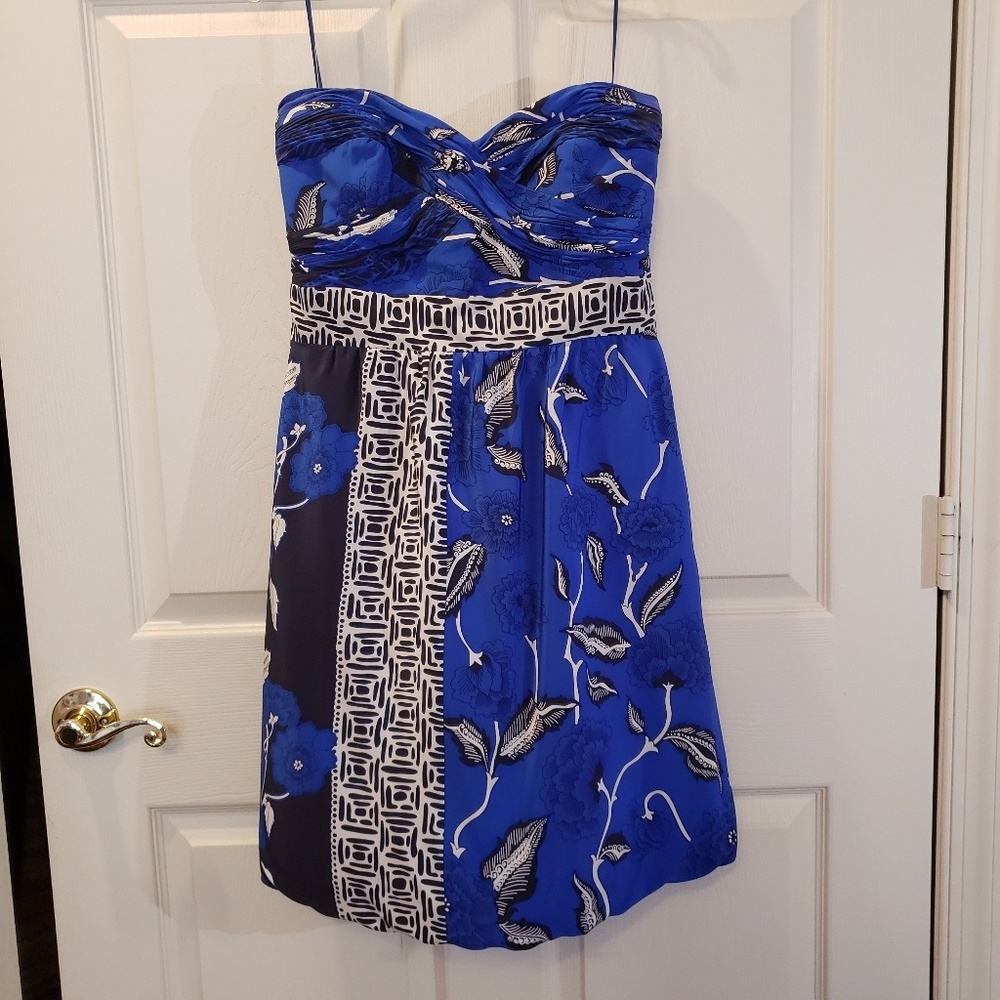 Tibi Blue/Black/White Floral Pattern Silk Dress